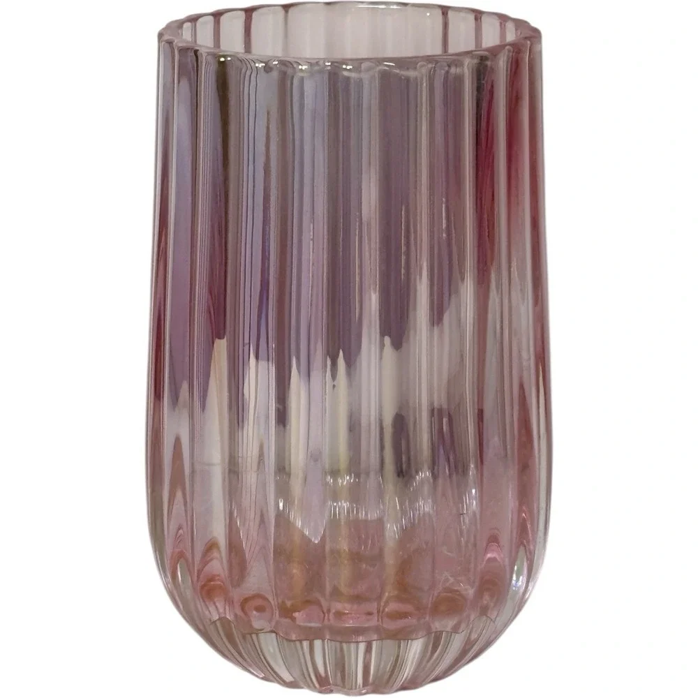 Decorative Mauve Pink Ribbed Heavy Glass‎ Vase 3.94